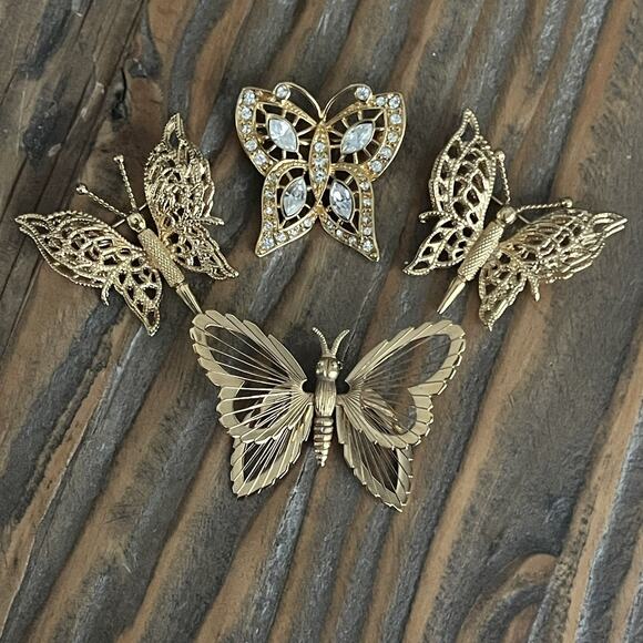 Lot Of 4 Gold Tone Rhinestone Butterfly Pins / Brooches - Monet Signed Vintage - Picture 4 of 4